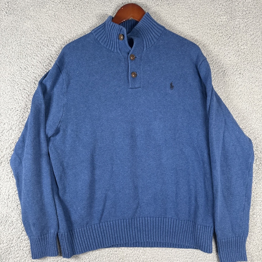Polo Ralph Lauren Pullover Mens Large Navy Blue Mock Neck 1/4 Button 100% Cotton